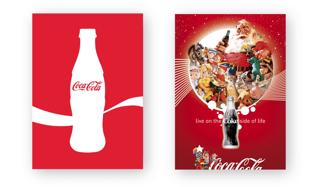 A imagem mostra duas peças gráficas de templates da Coca-Cola: uma minimalista e outra com muito mais elementos